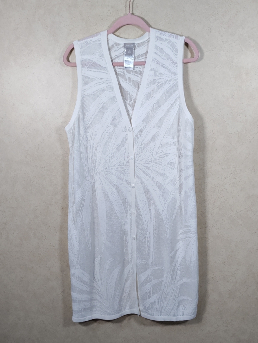 I130 Chico's Cream Palm Pattern Long Line Sweater Vest 2 L